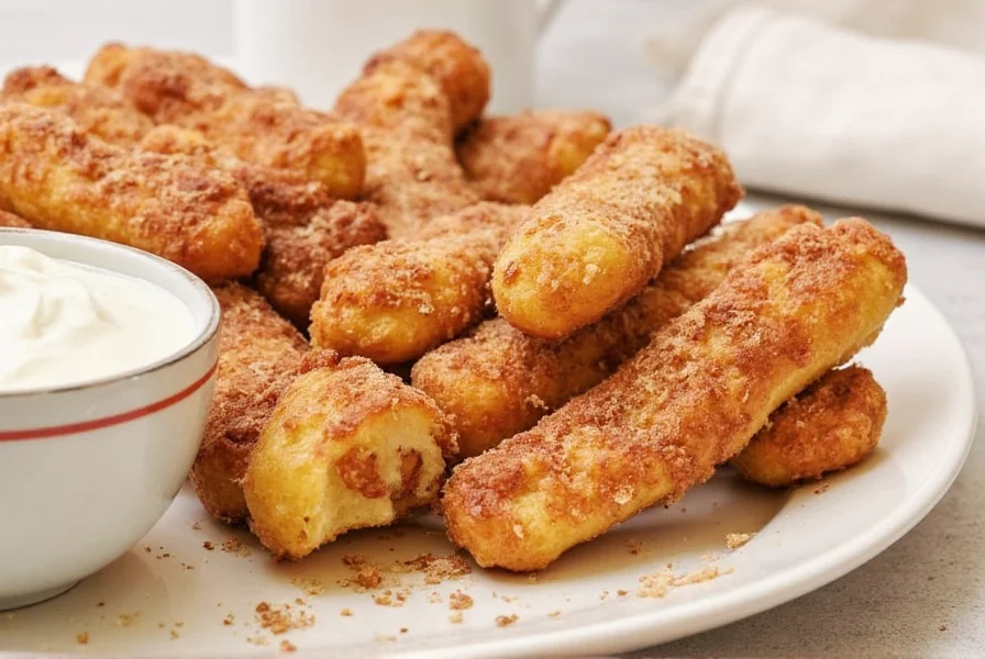 Presentation of cinnamon french toast sticks served with maple syrup, fresh berries, and powdered sugar