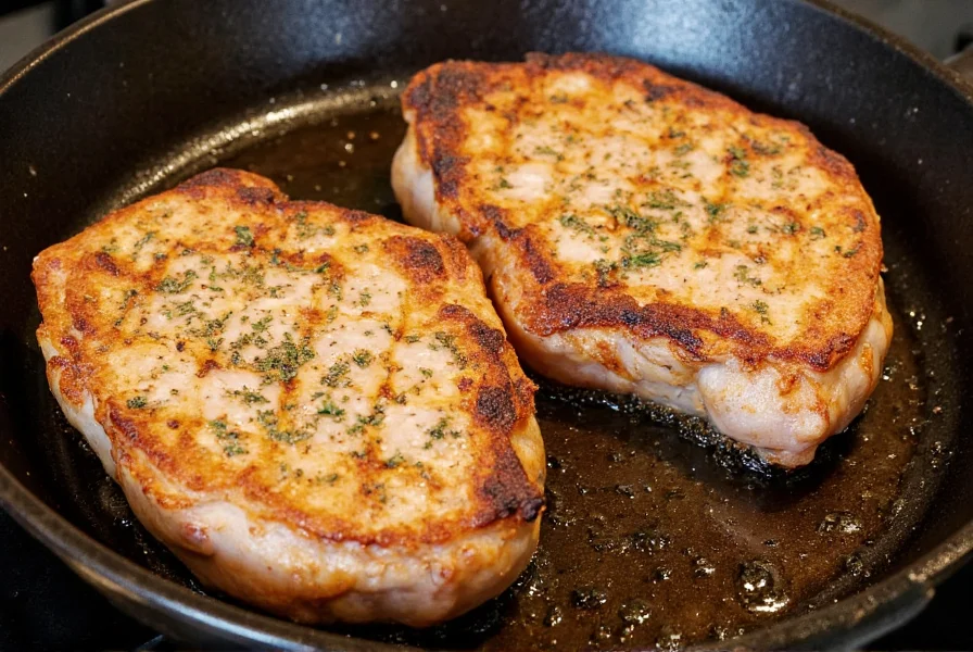 Perfectly seared pork chops with herb seasoning on cast iron skillet showing golden crust formation