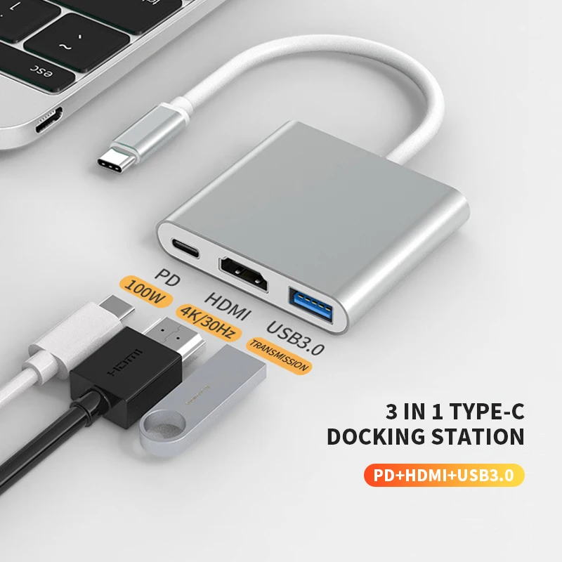 

3 In 1 Type C Usb Hub 4k To Usb 3.0 Type-c 100w 4k Hdtv Otg Hub For Macbook With And Pd Power Delivery 3 port