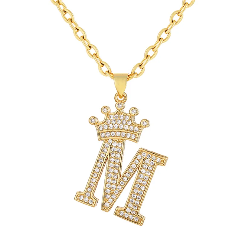 

Hot Selling Jewelry A-Z 26 Letters Gold Plated Necklace Micro Pave Bling Diamond CZ Crown Pendant Letter Initial Necklace