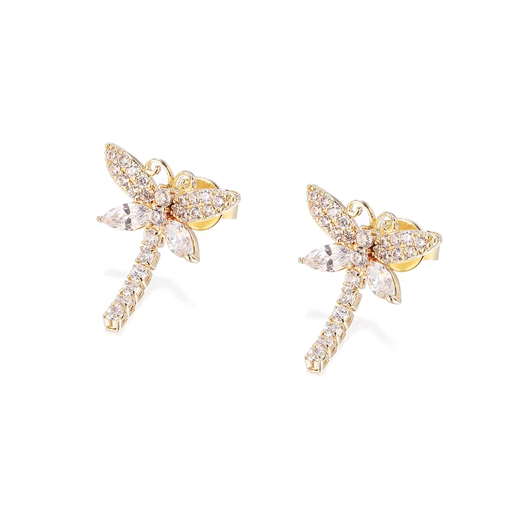 

Customize 3AAA cubic zirconia women 925 sterling silver jewelry gold plated earrings dragonfly shaped earrings