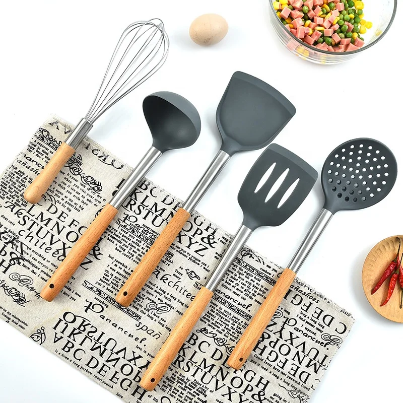 

Silicone Cooking Utensil Set with Holder.Wood Handle Kitchen Cookware Tools Utensils Sets with Spatula Tool and Spoons Silicone, Black