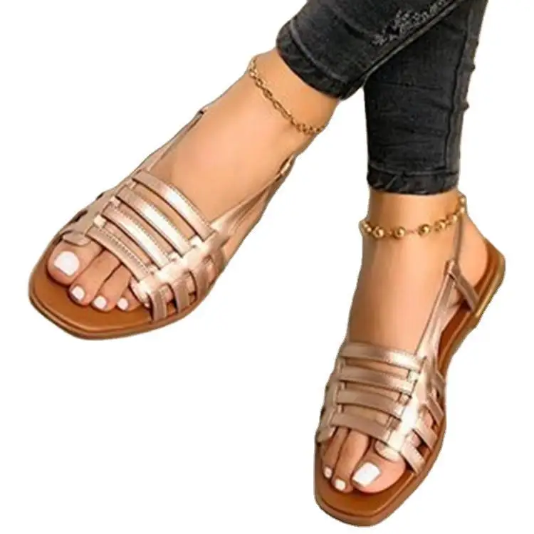 

Amazon AliExpress Hot Sale Women's Sandals Plus Size Solid Color Flat Ankle Strap Buckle Womens Sandals Flat Casual