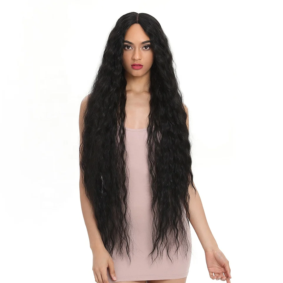 

Sleek super long wave cheap afro curly synthetic hair wig 36inch fiber bohemian curl medium brown synthetic hair wig front lace, Black color and ombre color