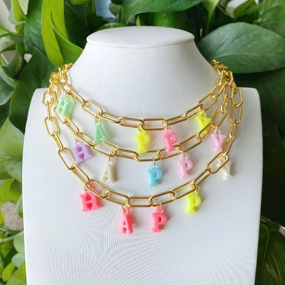 

New Trendy Brass Gold Beads Happy Face Charm Necklace for Girl
