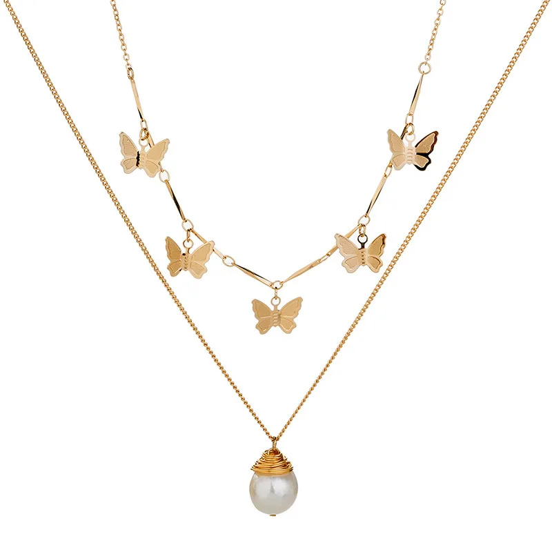 

2021 Fashion Stainless Steel Gold Necklace Set Jewelry Women Multi-Layer Butterfly Pearl Necklace, Picture shows