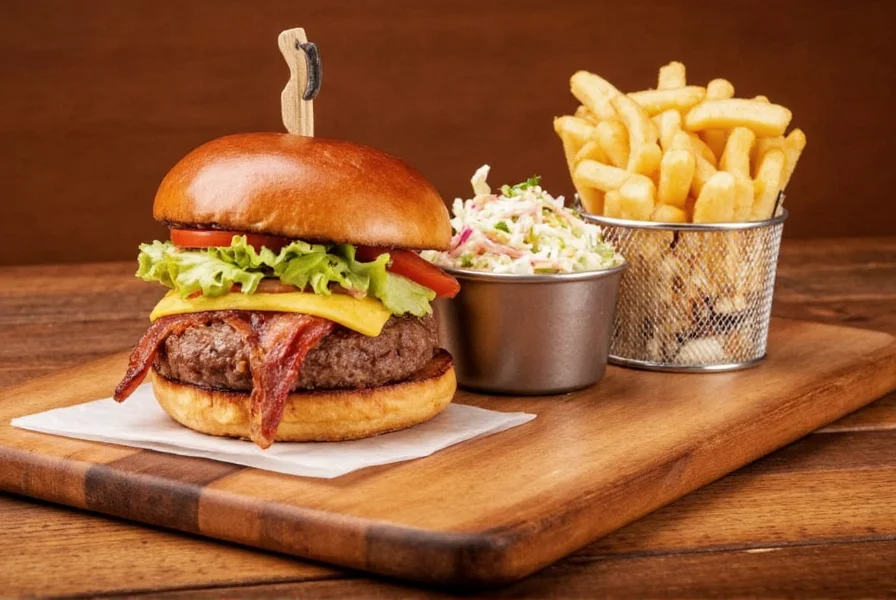 The Pepper Plattsburgh signature Maple Bacon Burger with golden fries and house-made coleslaw on a wooden serving board