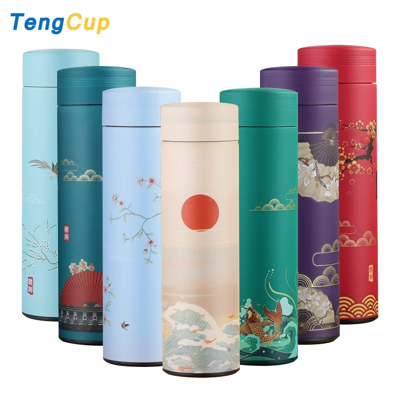

500ml Creative Chinese Style Retro Thermos Cup Men And Women 304 Stainless Steel LED temperatur Vacuum Flasks Water Bottle, Customized colors acceptable