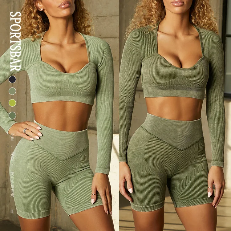 

Sexy Deep Square Neck Fitness Clothes Long Sleeve Yoga Set Activewear Set