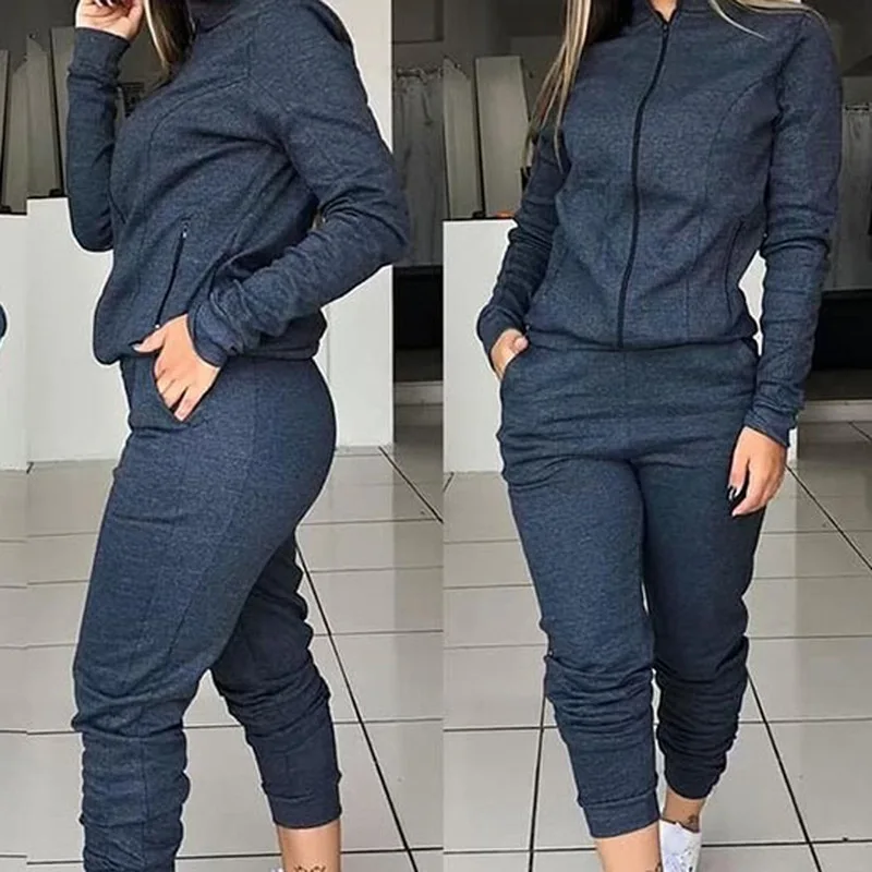 

Women Fashion Solid Tracksuit Sports Long Sleeve Sweatshirts Fleece Joggers 2-piece Running Set Workout Gym Autumn 2020, Picture color