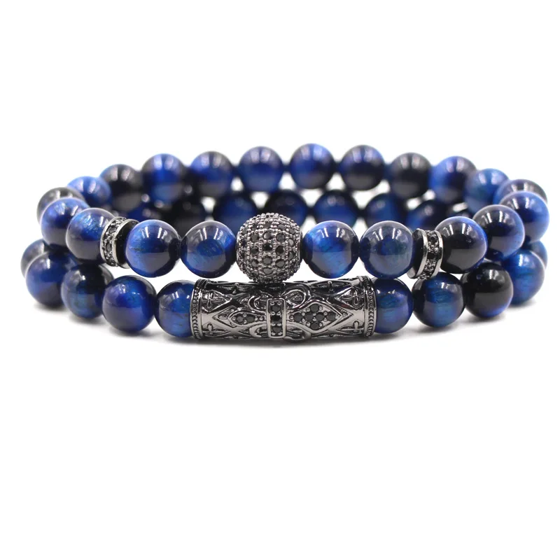 

Wholesale Hot Sale Handmade Jewelry 2Pcs/Set Elastic 10mm Micro Inlay Zircon CZ Ball Blue Tiger Eye Stone Couple Bracelet Set