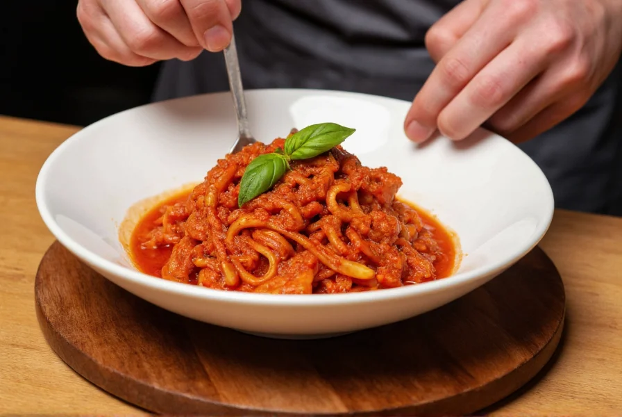 Chef's hands preparing traditional Italian dish featuring Calabrian chili paste swirled into tomato sauce with fresh basil garnish