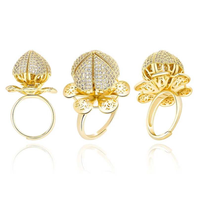 

Hot Selling Adjustable Flowers Charm Diamond Open Ring for Women Gifts