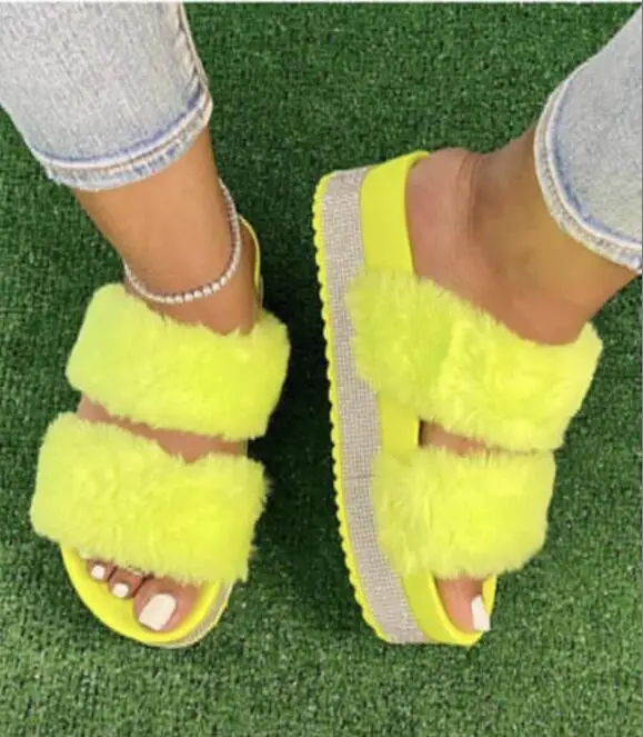 

2020 New Women fur sandals with diamond Winter platform slippers ladies fashion footwear slides open toe plush