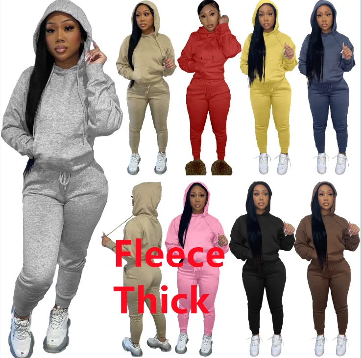 

Winter clothing women cotton thick joggers suits set fleece two piece tracksuit set sweatpants and hoodie set women