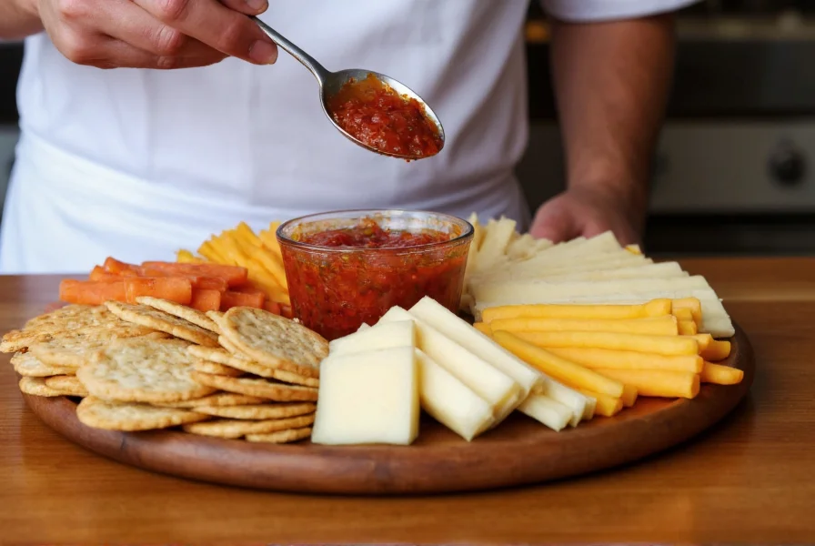 Chef spreading pepper jam on cheese board with assorted crackers and cheeses