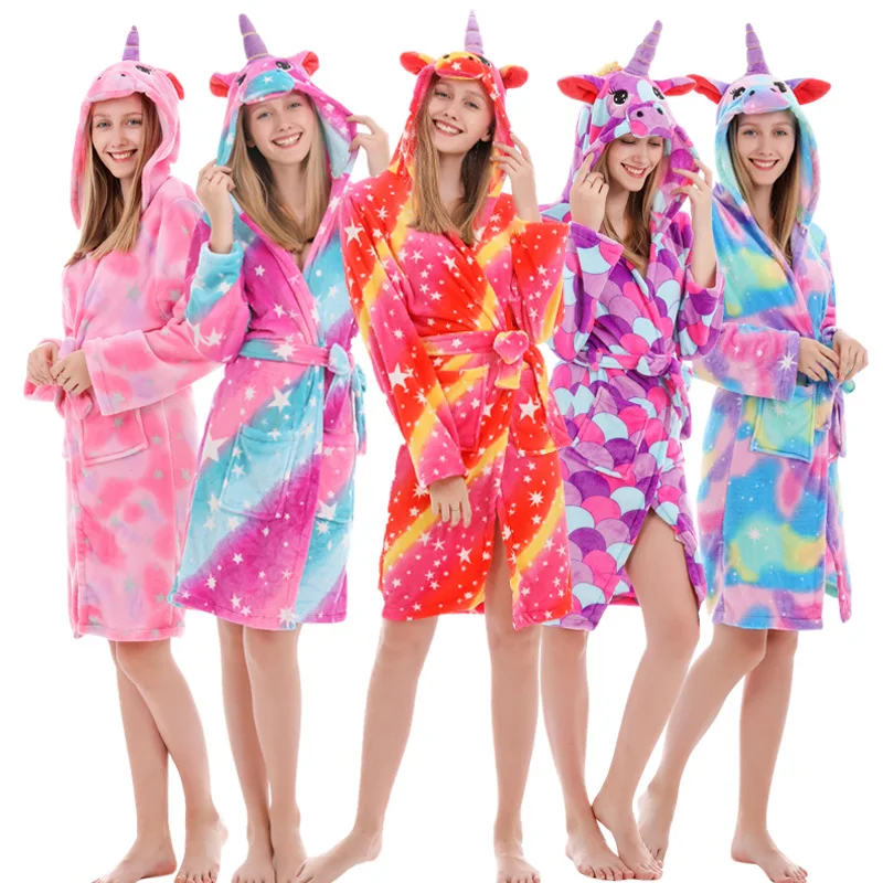 

Wholesale Winter Thicken Soft Flannel Sleepwear Animal Cartoon Unicorn Cosplay Girl Women Robe Sleepwear pajamas