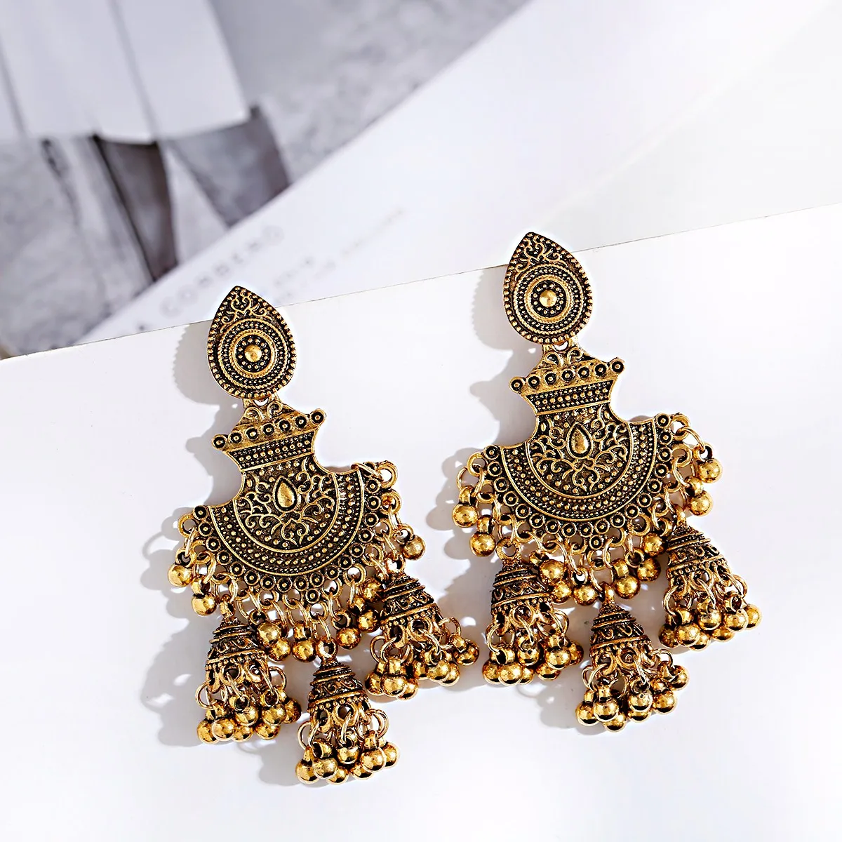 

14k Gold Tassel Round Egypt Vintage Jhumka Bells Tassel Oxidized Earrings For Women Flower Classic Turkish Tribal Gypsy Indian