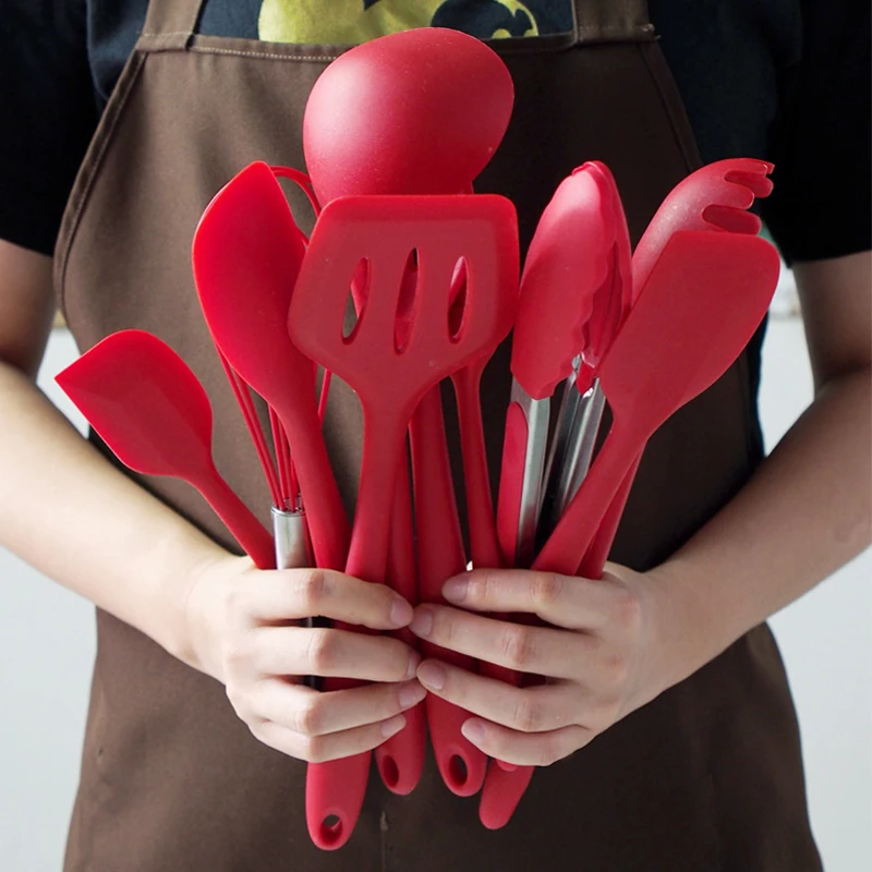 

Hot Sale 10-piece set non-stick cookware kitchenware soft silicone utensils kitchen, Black, red