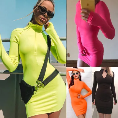

New fashion trendy Solid Color 2020 women dresses autumn sexy clubwear zipper mature women elegant longsleeve bodycon mini dress, Colorful printed sexy mature elegant mini dress