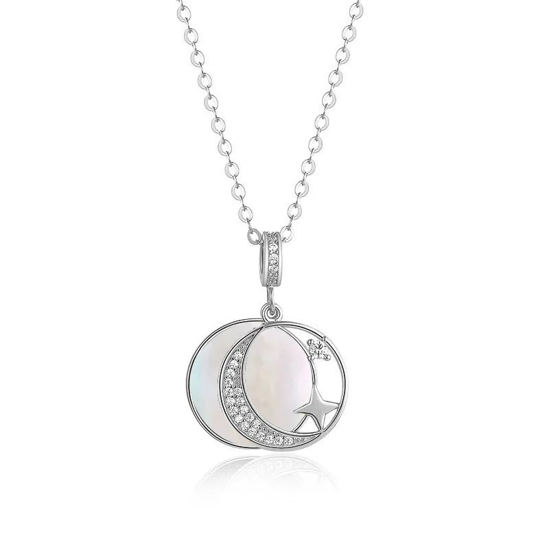 

INS Trending 925 Sterling Silver Moon And Star Necklace Starry Night Circle Pendant Zircon Sand Stone White Shell Necklaces