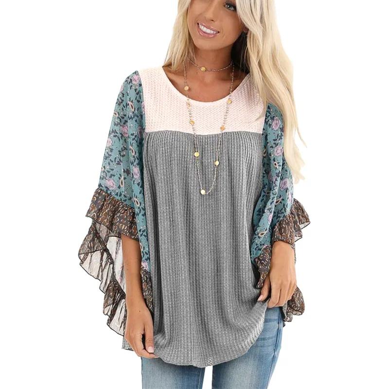 

Women waffle knit top sheer Floral sleeves Boho tunic Ruffled Sleeve Blouse with Floral, As pics