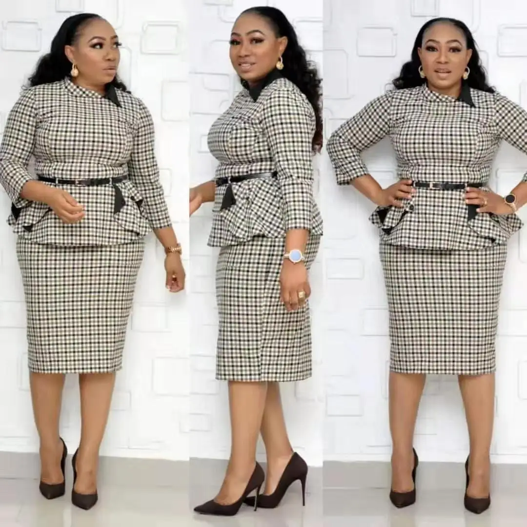 

Fall Casual Office Women Sets Two Piece Stylish Printed Plus Size Formal High Waist Plaid Skirts Set, Picture color