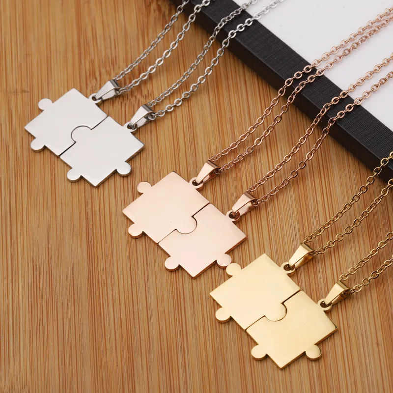 

New Blank puzzle piece friendship necklace Stainless steel Silver Gold Rose gold puzzle pendant necklaces for couple