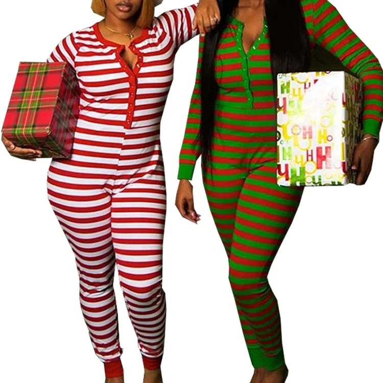 

9036 Custom Winter Adult Sexy Onsie Pajama Jumpsuit Long Sleeves Striped pj Holiday Christmas Onesie for Women, 3 colors: blue, red, green