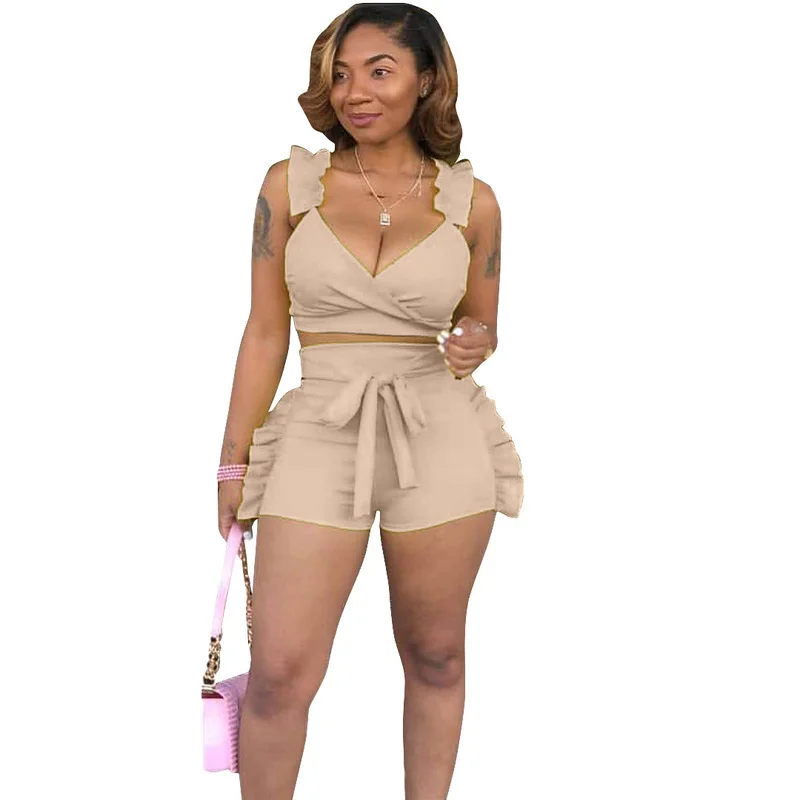 

2021 New Ruffles Shorts and Bra Women Clothing Solid Color Two Piece Set Two Piece Short Set Women Clothing