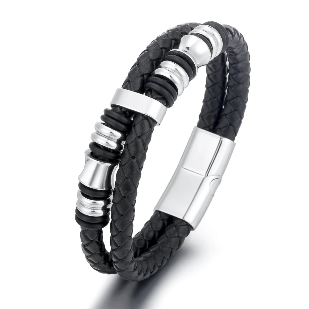 

Men's double leather stainless steel braided bracelet, Steel color