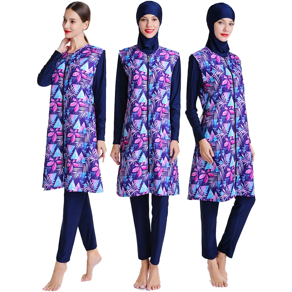 

FREE SHIPPING Wholesale Malaysia Muslim Women Full Cover 3 Pieces Swimsuit Islamic Clothing Women Modest Swimwear, Navy