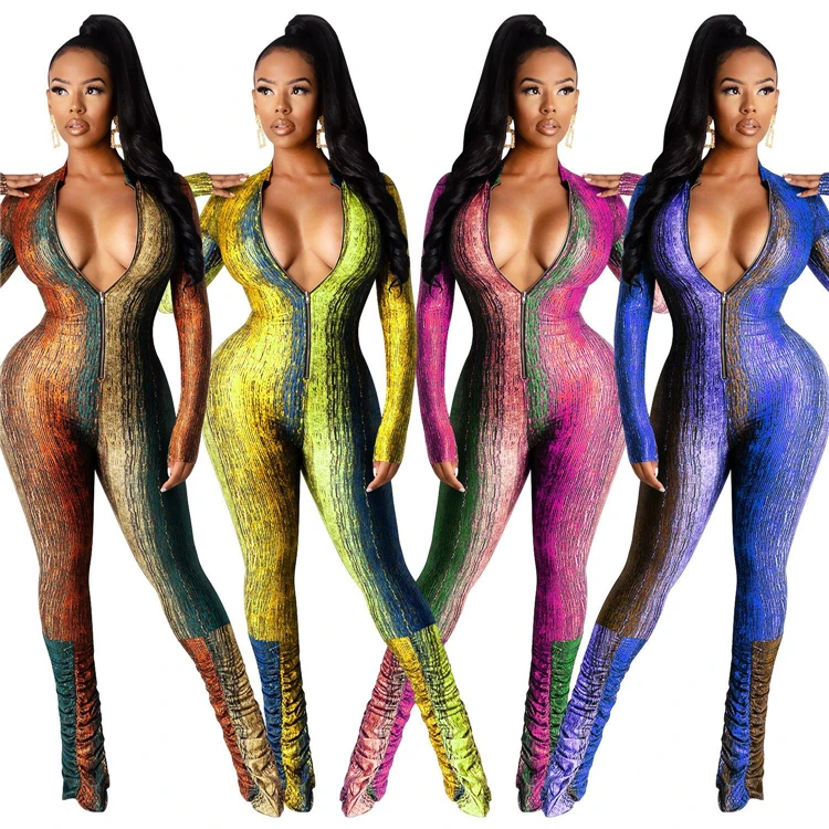 

D96586 Women's print tight pinted midi waist stacked pants Jumpsuits woman jumpsuit sexy bodycon rompers with zippers