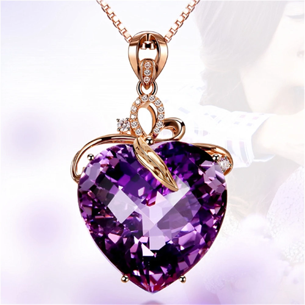 

HOVANCI Purple Heart Crystal Big Stone Pendant Gold Chain Necklace for Women Fashion Jewelry Valentine's Day Gift