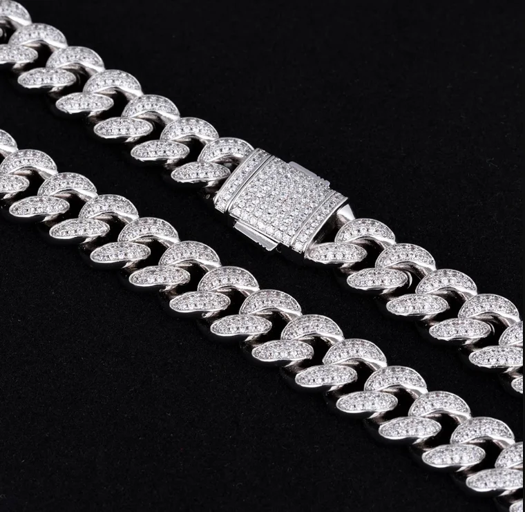 

KRKC&CO Hip Hop Jewelry 5A CZ Stone 12MM White Gold Mens iced out cuban chain necklace 925 sterling silver jewelry