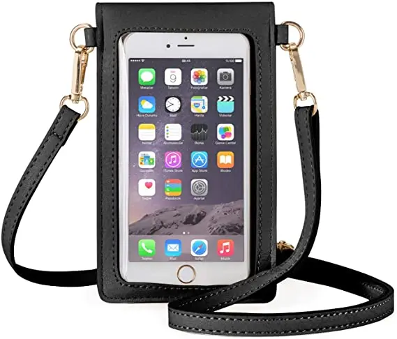 

Low moq 2 Straps Women Leather Phone Purse Mini Cell Phone Pouch Shoulder Bag, Black