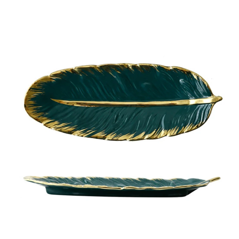 

Wholese Nordic Style Nice Luxury  Green Gold Rim Porcelain Leaf Plate