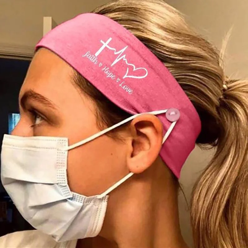 

Medical Female Elastic Faith Hope Love ECG Women Turban Hair Band Accessories Print Nurse Headband With Button