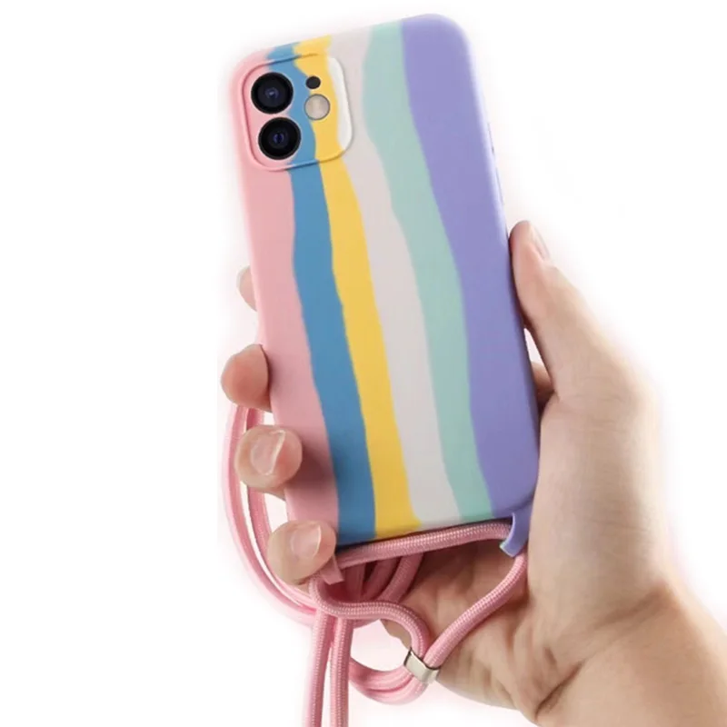 

Wholesale Amazon Suitable Creative Silicone Soft cover with Telescopic Satin ropes rainbow Crossbody Straps for iPhone 11pro max