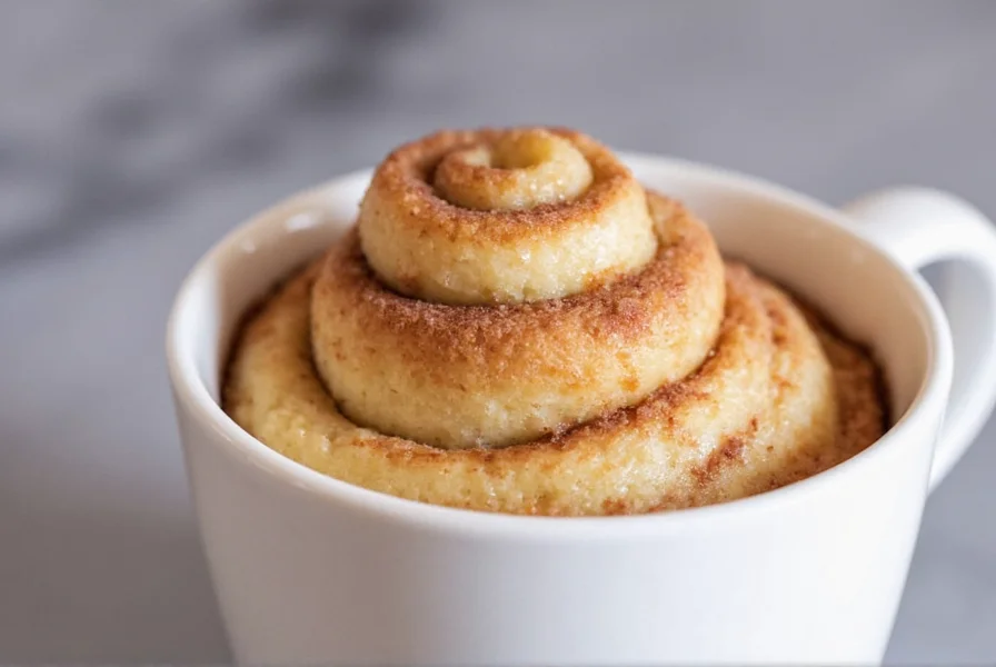 Step-by-step photos showing cinnamon roll mug cake preparation from mixing to finished product with cream cheese drizzle