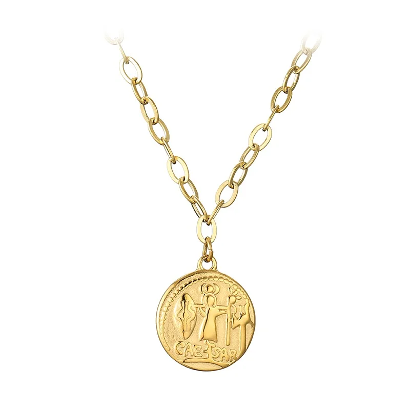 

Retro Round Card Fashion Stainless Steel Embossed Caesar Emperor Gold Plated Statement Necklace,18k Gold Necklace For Women Girl
