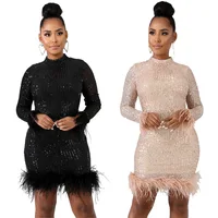 

Women Sequin Dresses Elegant Luxurious Evening Dinner New Years Dresses for Ladies Feather Hem Winter Autumn Party Cloth RS00186