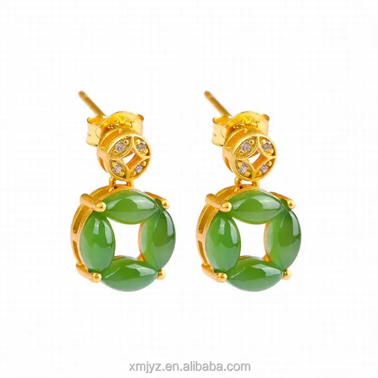 

Certified S925 Sterling Silver Gold-Plated Inlaid Natural Hetian Jade Earrings 36