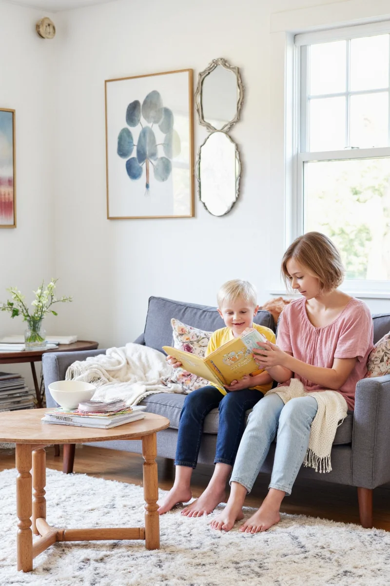 Gallery wall with kids’ artwork and removable prints