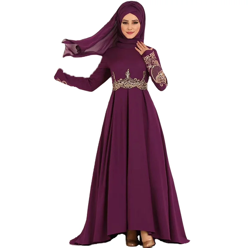 

Wholesale Arabic Muslim Women Elegant Embroidered High Waist Slim Long Abaya Large Swing Maxi Dress