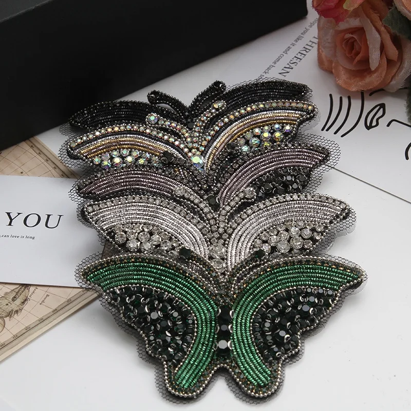 

New item butterfly and insect pearl plastic beaded applique hotfix rhinestone patches for garment, Custom colors