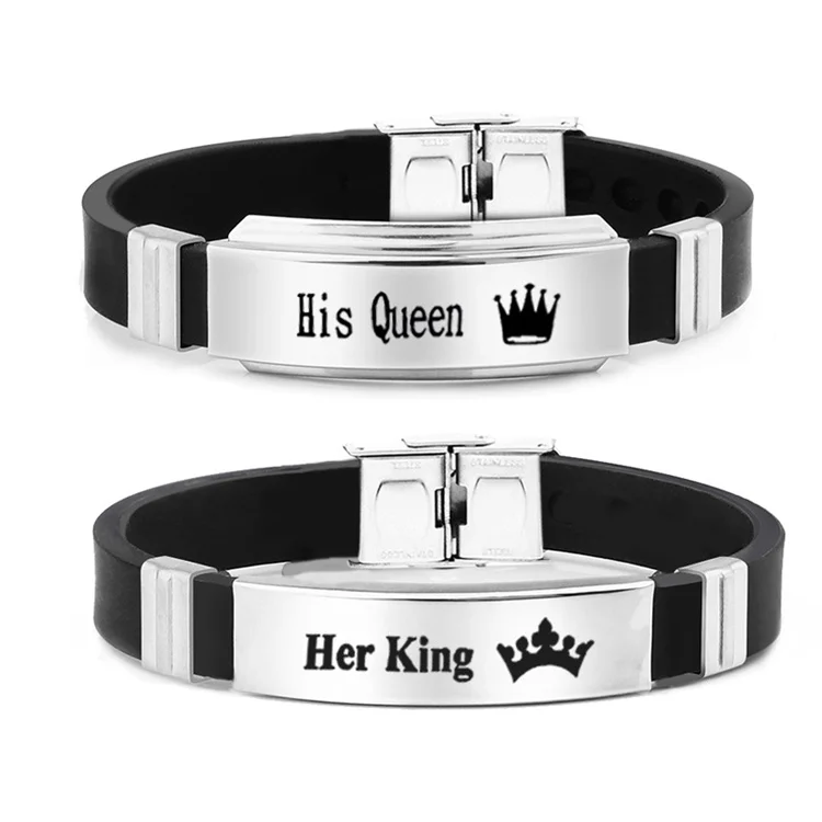 

Fashion silicone couple bracelets stainless steel HIS QUEEN HER KING trend can be engraved bracelet wholesale