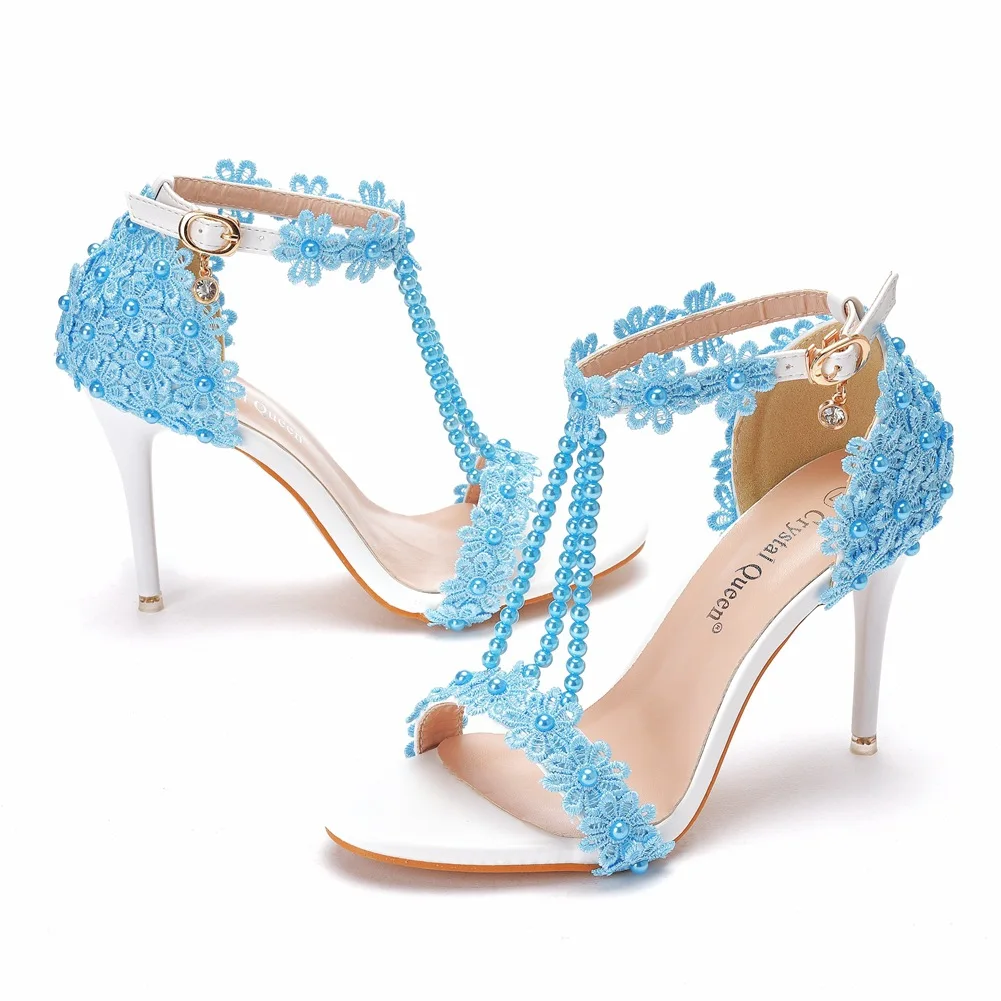 

S104F High-heeled buckle lace beaded stiletto heel sandals, White