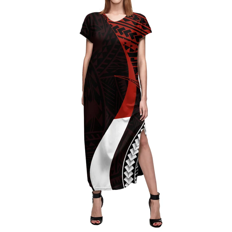 

New Arrivals Polynesian Tribal Maxi Dresses Customized Plus Size Women Dress Short Sleeve Casual Slit Dresses With Pockets, Customized color