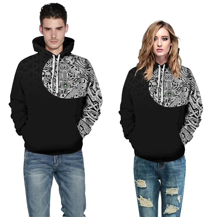 

Fashion fall winter unisex long sleeve viking mythology digital printing hooded pullover women loose plus size sport hoodie